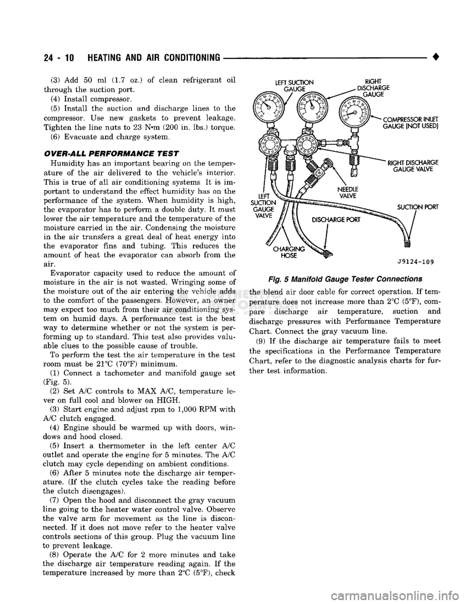 DODGE TRUCK 1993 Service Repair Manual
24 - 10
HEATING
AND AIR
CONDITIONING
•
(3) Add 50 ml (1.7 oz.) of clean refrigerant oil
through the suction port.
(4) Install compressor.
(5) Install the suction and discharge lines to the DODGE TRUCK 1993 Service Repair Manual
24 - 10
HEATING
AND AIR
CONDITIONING
•
(3) Add 50 ml (1.7 oz.) of clean refrigerant oil
through the suction port.
(4) Install compressor.
(5) Install the suction and discharge lines to the