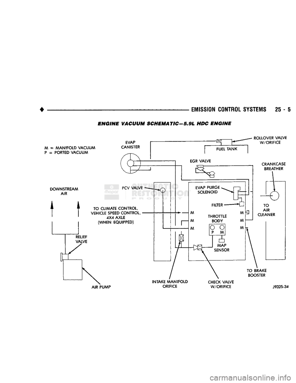 DODGE TRUCK 1993  Service Repair Manual 
EMISSION
 CONTROL
 SYSTEMS
 25 • I 

ENGINE
 VACUUM SCHEMATIC-5,9L HOC ENGINE 
M =
 MANIFOLD VACUUM 
 P
 =
 PORTED VACUUM  EVAP 

CANISTER 
 ROLLOVER VALVE 

W/ORIFICE 

CRANKCASE 
 BREATHER 
 DOWN