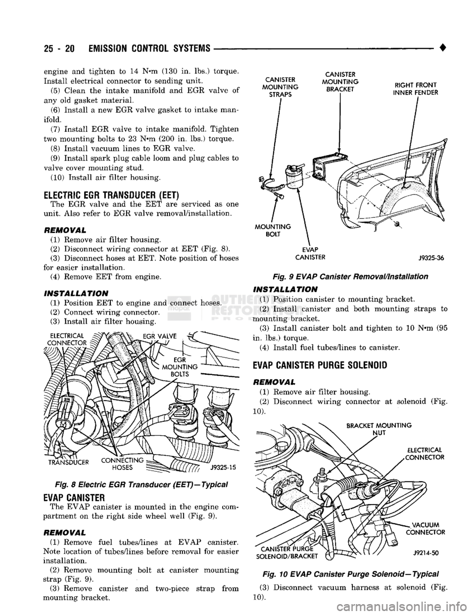 DODGE TRUCK 1993  Service Repair Manual 
25 - 20
 EMISSION CONTROL SYSTEMS 

• engine and tighten to 14 N*m (130 in. lbs.) torque. 
Install electrical connector to sending unit. 
(5) Clean the intake manifold and EGR valve of 
any old gas