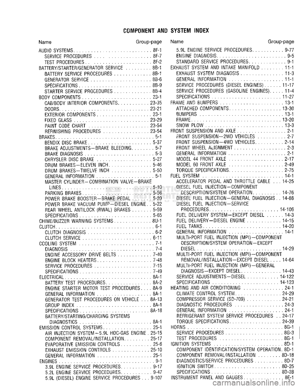 DODGE TRUCK 1993  Service Repair Manual 
COMPONENT AND SYSTEM INDEX 

Name
 Group-page 

AUDIO
 SYSTEMS
 8F-1 
 SERVICE
 PROCEDURES 8F-7 
TEST PROCEDURES 8F-2 
BATTERY/STARTER/GENERATOR SERVICE 8B-1  BATTERY SERVICE PROCEDURES 8B-1 
GENERAT