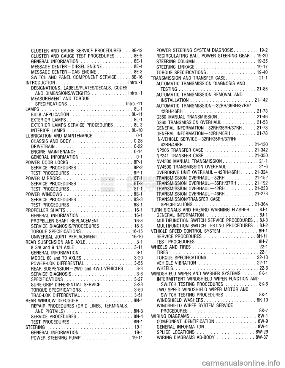 DODGE TRUCK 1993  Service Repair Manual 
CLUSTER
 AND
 GAUGE SERVICE PROCEDURES
 . . . 8E-12 

CLUSTER
 AND
 GAUGE TEST PROCEDURES
 8E-5 

GENERAL INFORMATION
 8E-1 

MESSAGE
 CENTER-DIESEL ENGINE
 8E-4 

MESSAGE
 CENTER-GAS ENGINE
 8E-3 

