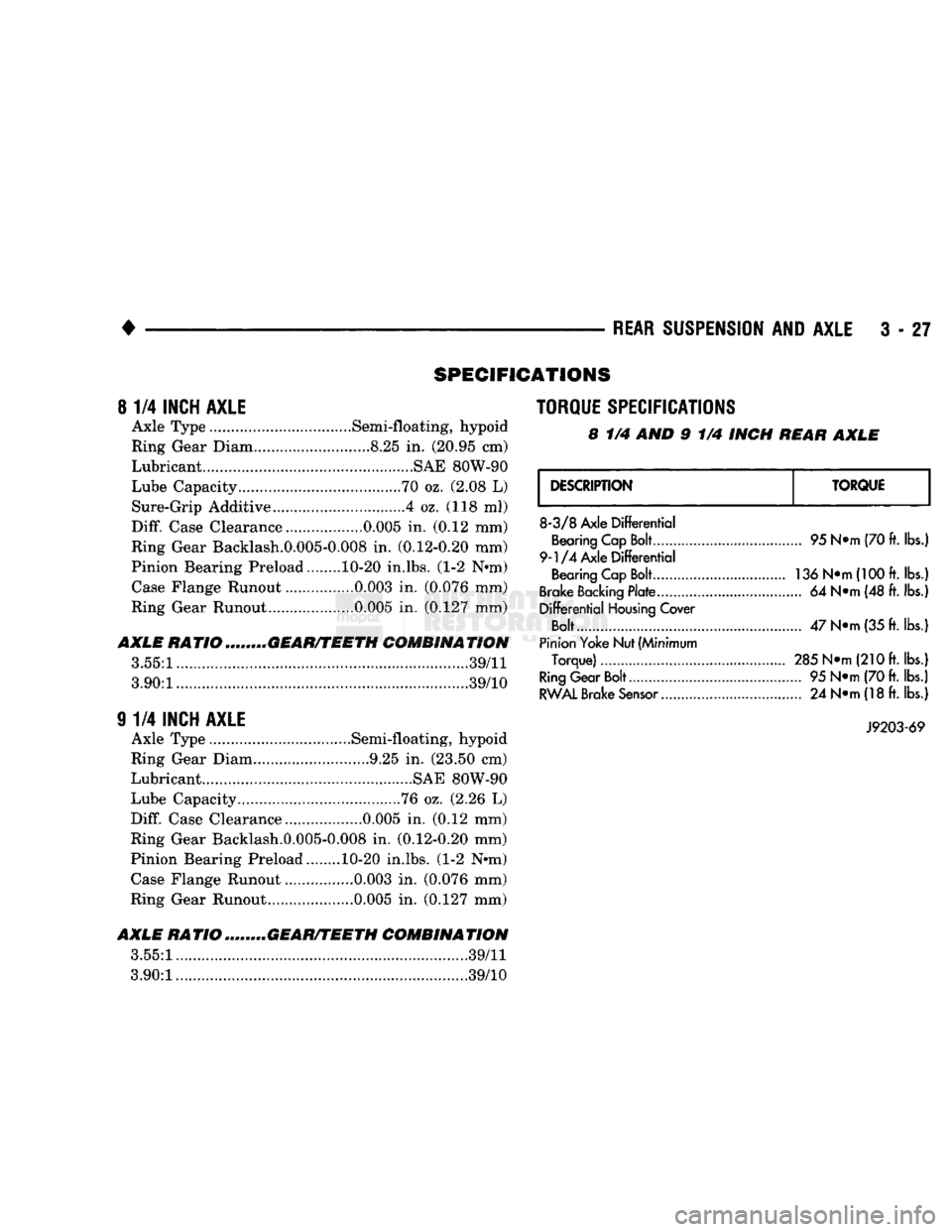 DODGE TRUCK 1993  Service Service Manual 
• 

REAR
 SUSPENSION
 AND
 AXLE
 3 - 27 
SPECIFICATIONS 

8
 1/4
 INCH AXLE 
 Axle Type .Semi-floating, hypoid 
Ring Gear Diam.. ....8.25
 in.
 (20.95 cm) 
Lubricant............................. ..