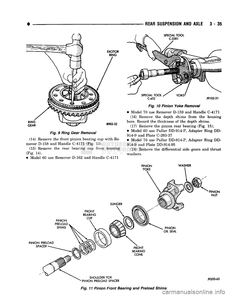 DODGE TRUCK 1993  Service Service Manual 
REAR SUSPENSION
 AND
 AXLE
 3 - 35 

SPECIAL
 TOOL 
C-3281 

EXCITOR 
 RING  RING 

GEAR 
 8903-32 

Fig.
 9
 Ring
 Gear
 Removal 

(14) Remove the front pinion bearing cup with Re­
mover D-158 and 