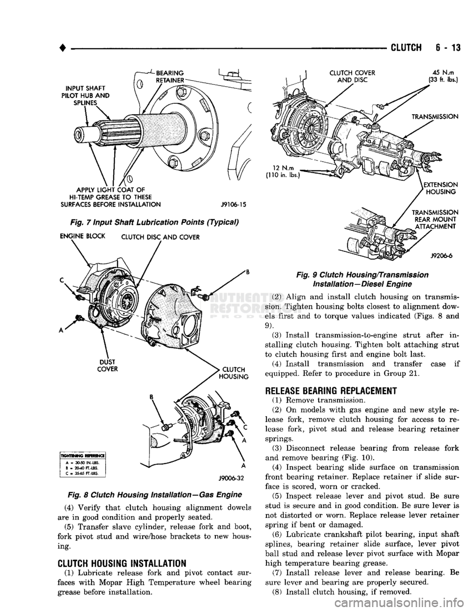 DODGE TRUCK 1993 Service Repair Manual
•
CLUTCH
6 - 13
APPLY
LIGHT
COAT
OF
HI-TEMP
GREASE
TO
THESE
SURFACES
BEFORE
INSTALLATION
J9106-15
Fig.
7 Input Shaft Lubrication
Points
(Typical)
ENGINE BLOCK
CLUTCH
DISC DODGE TRUCK 1993 Service Repair Manual
•
CLUTCH
6 - 13
APPLY
LIGHT
COAT
OF
HI-TEMP
GREASE
TO
THESE
SURFACES
BEFORE
INSTALLATION
J9106-15
Fig.
7 Input Shaft Lubrication
Points
(Typical)
ENGINE BLOCK
CLUTCH
DISC