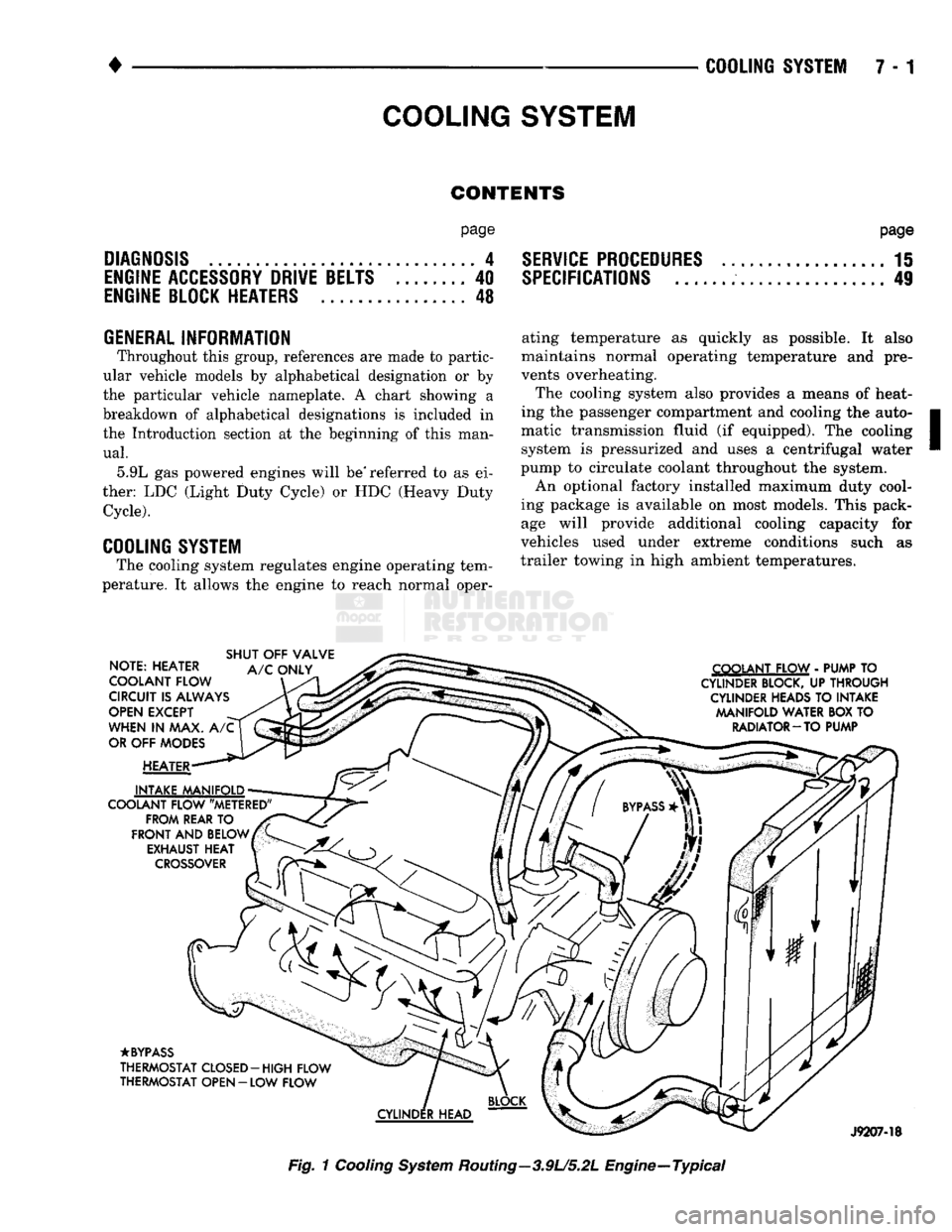 DODGE TRUCK 1993  Service Repair Manual 
COOLING SYSTEM 

CONTENTS page 

DIAGNOSIS
 ... 4 

ENGINE
 ACCESSORY
 DRIVE BELTS
 40 

ENGINE
 BLOCK HEATERS
 48 

GENERAL
 INFORMATION 
 Throughout this group, references are made to partic­
ular