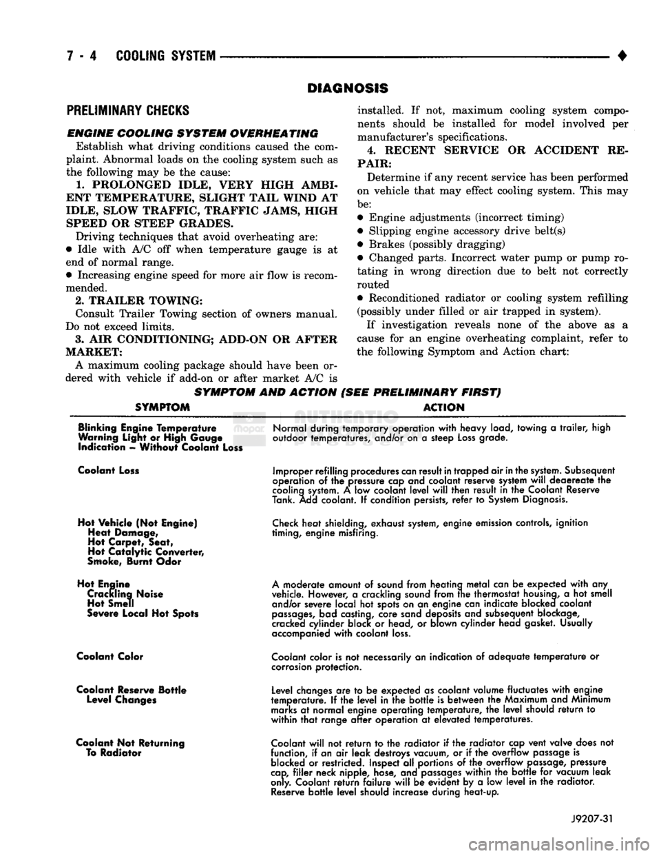 DODGE TRUCK 1993  Service Repair Manual 
DIAGNOSIS 

PRELIMINARY
 CHECKS 

ENGINE COOLING SYSTEM OVERHEATING  Establish what driving conditions caused the com­
plaint. Abnormal loads on the cooling system such as 
the following may be the 