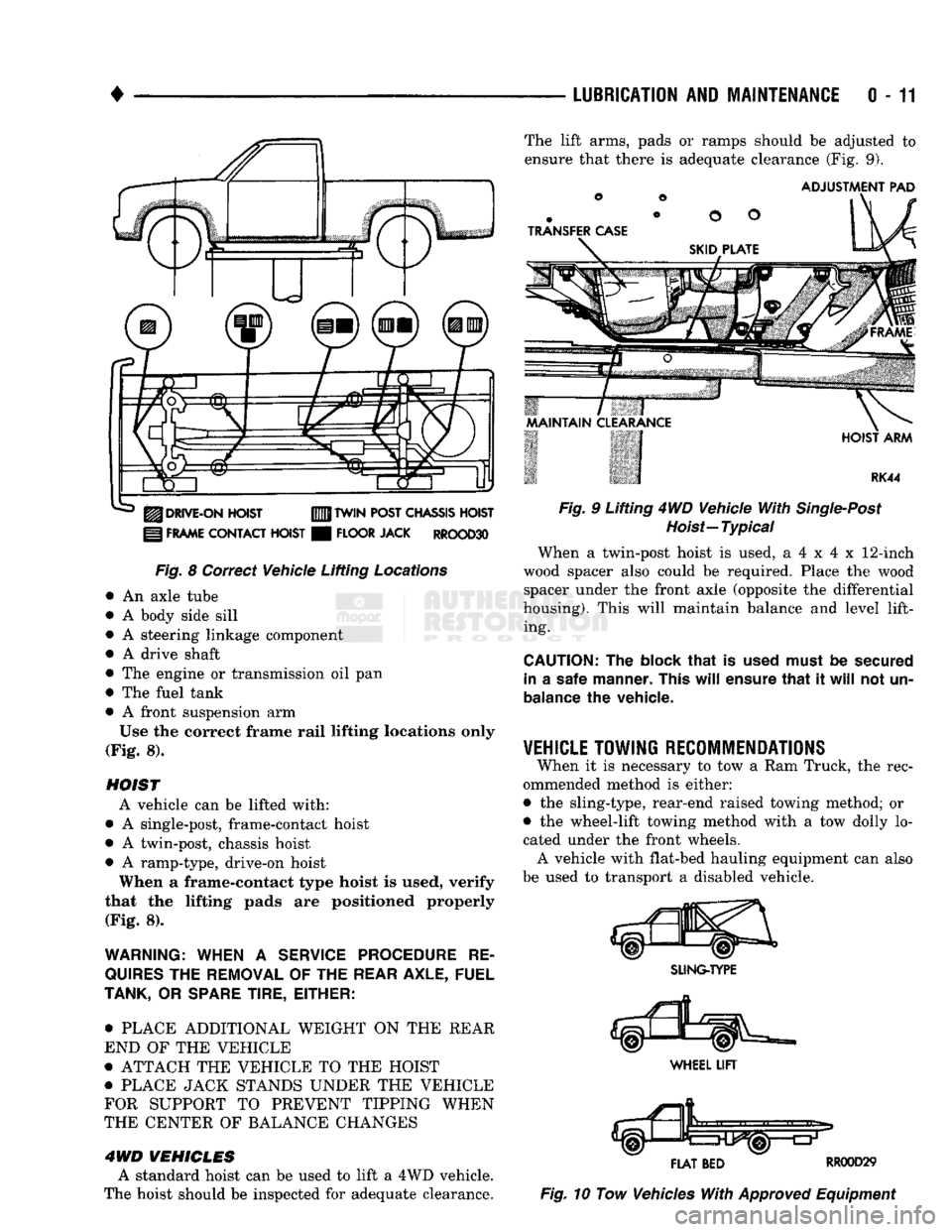 DODGE TRUCK 1993  Service Repair Manual 
LUBRICATION
 AND
 MAINTENANCE
 0-11 

J
 DRIVE-ON
 HOIST 

I
 FRAME
 CONTACT
 HOIST 
 TWIN
 POST
 CHASSIS
 HOIST 

FLOOR
 JACK
 RROOD30 
Fig.
 8 Correct Vehicle Lifting
 Locations 
 An axle tube 
A b