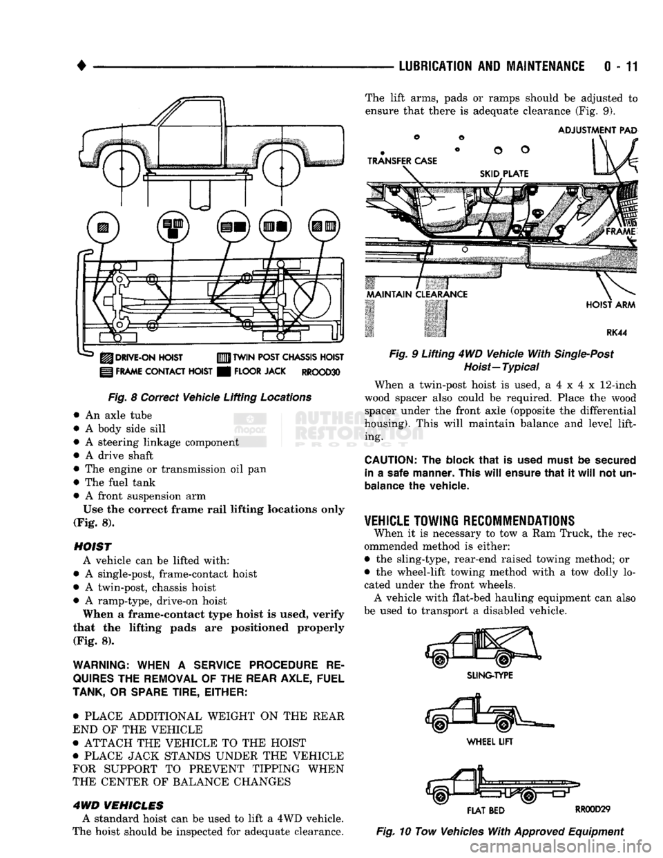 DODGE TRUCK 1993 Service Owners Manual
LUBRICATION
AND
MAINTENANCE
0-11
J
DRIVE-ON
HOIST
I
FRAME
CONTACT
HOIST
TWIN
POST
CHASSIS
HOIST
FLOOR
JACK
RROOD30
Fig.
8 Correct Vehicle Lifting
Locations
An axle tube
A b DODGE TRUCK 1993 Service Owners Manual
LUBRICATION
AND
MAINTENANCE
0-11
J
DRIVE-ON
HOIST
I
FRAME
CONTACT
HOIST
TWIN
POST
CHASSIS
HOIST
FLOOR
JACK
RROOD30
Fig.
8 Correct Vehicle Lifting
Locations
An axle tube
A b