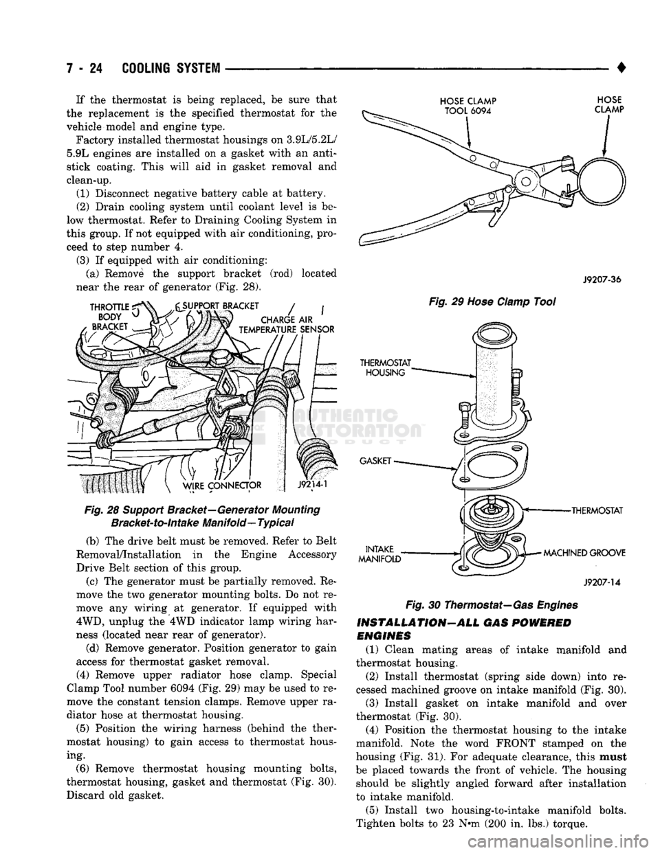DODGE TRUCK 1993  Service Repair Manual 
7 - 24
 COOLING SYSTEM 

• If the thermostat is being replaced, be sure that 
the replacement is the specified thermostat for the  vehicle model and engine type.  Factory installed thermostat housi