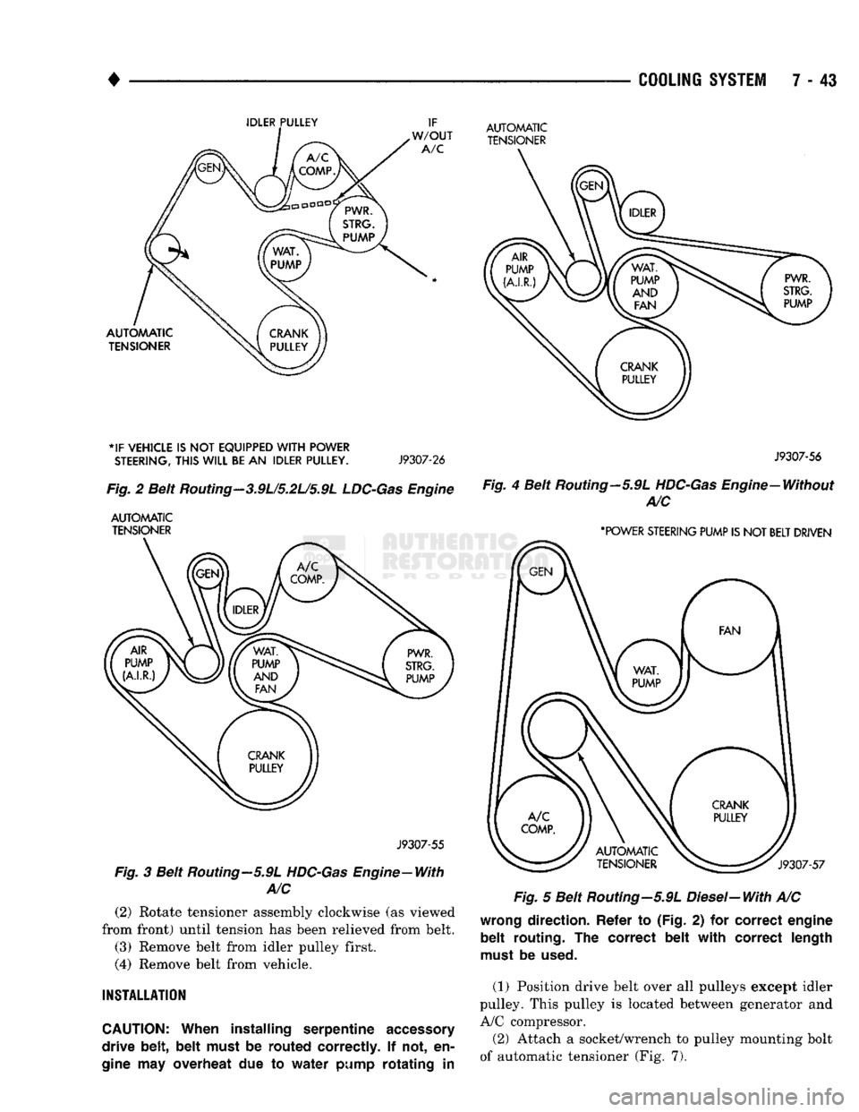 DODGE TRUCK 1993 Service Repair Manual
•
*IF VEHICLE IS NOT EQUIPPED
WITH
POWER
STEERING,
THIS
WILL
BE
AN
IDLER PULLEY.
J9307-26
Fig.
2 Beit
Routing
- 3.9U5.2L/5.9L
LDC-Gas
Engine
AUTOMATIC TENSIONER
J9307-55
Fig DODGE TRUCK 1993 Service Repair Manual
•
*IF VEHICLE IS NOT EQUIPPED
WITH
POWER
STEERING,
THIS
WILL
BE
AN
IDLER PULLEY.
J9307-26
Fig.
2 Beit
Routing
- 3.9U5.2L/5.9L
LDC-Gas
Engine
AUTOMATIC TENSIONER
J9307-55
Fig