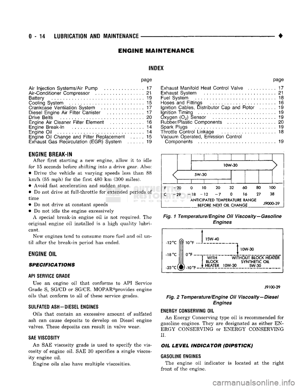DODGE TRUCK 1993  Service Owners Guide 
0 - 14
 LUBRICATION
 AND
 MAINTENANCE 

• 
ENGINE
 MAINTENANCE 

INDEX 

page 
Air
 Injection
 Systems/Air Pump
 . 17 

Air-Conditioner
 Compressor
 21 
 Battery
 19 

Cooling System
 15 

Crankcas