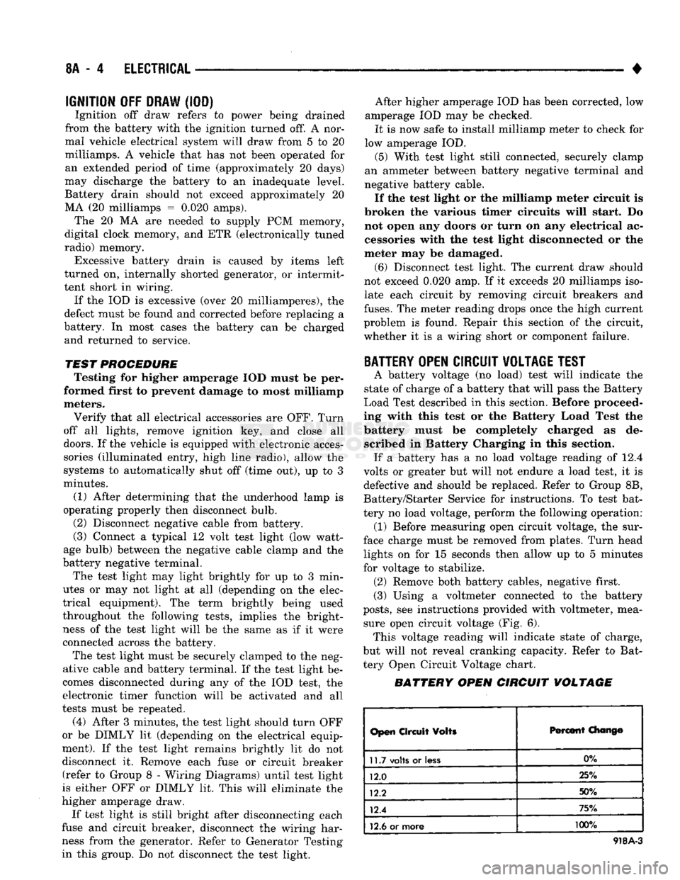 DODGE TRUCK 1993 Service Repair Manual
8A
- 4
ELECTRICAL
•
IGNITION
OFF
DRAW
(IOD)
Ignition off draw refers to power being drained
from the battery with the ignition turned off. A nor
mal vehicle electrical system will draw DODGE TRUCK 1993 Service Repair Manual
8A
- 4
ELECTRICAL
•
IGNITION
OFF
DRAW
(IOD)
Ignition off draw refers to power being drained
from the battery with the ignition turned off. A nor
mal vehicle electrical system will draw