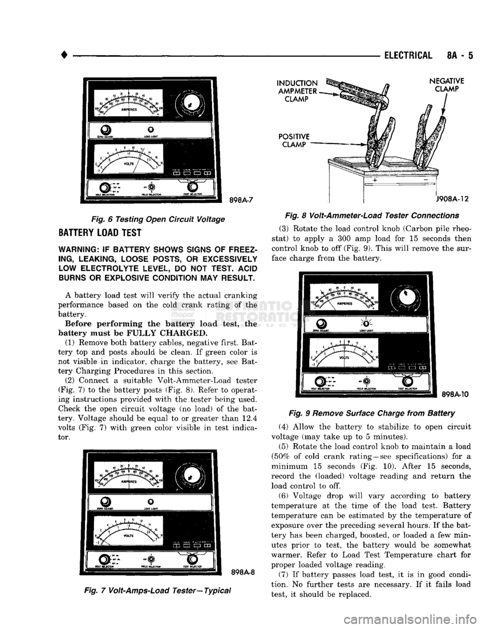 DODGE TRUCK 1993 Service Repair Manual
•
ELECTRICAL
8A - i
898A-7
Fig.
6
Testing
Open
Circuit Voltage
BATTERY LOAD
TEST
WARNING:
IF
BATTERY SHOWS SIGNS
OF
FREEZ
ING, LEAKING, LOOSE POSTS,
OR
EXCESSIVELY
LOW ELECT DODGE TRUCK 1993 Service Repair Manual
•
ELECTRICAL
8A - i
898A-7
Fig.
6
Testing
Open
Circuit Voltage
BATTERY LOAD
TEST
WARNING:
IF
BATTERY SHOWS SIGNS
OF
FREEZ
ING, LEAKING, LOOSE POSTS,
OR
EXCESSIVELY
LOW ELECT