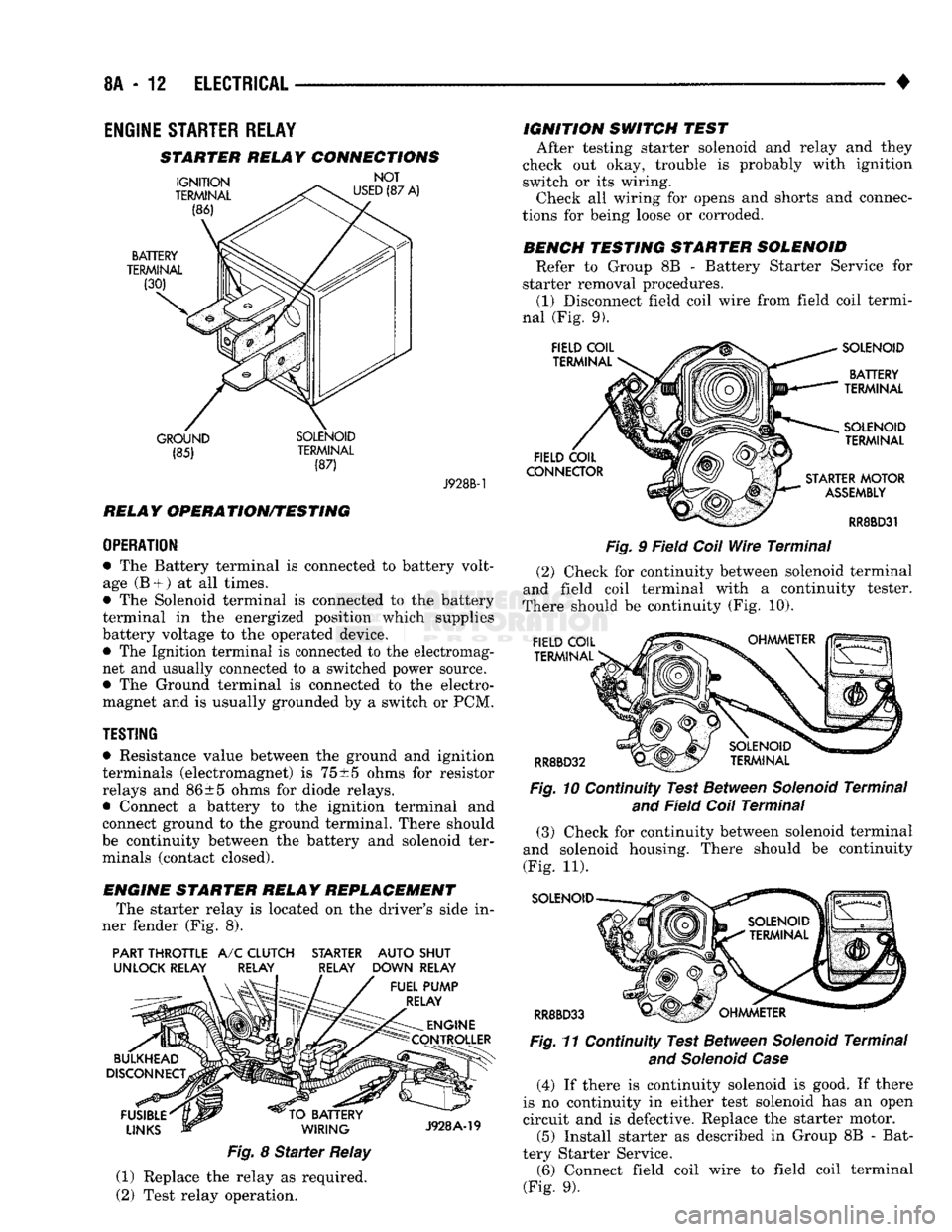 DODGE TRUCK 1993 Service Repair Manual
8A
- 12
ELECTRICAL
•
ENGINE
STARTER
RELAY
STARTER RELAY CONNECTIONS
GROUND SOLENOID (85) TERMINAL
(87) J928B-1
RELAY OPERATION/TESTING
OPERATION
• The Battery terminal is con DODGE TRUCK 1993 Service Repair Manual
8A
- 12
ELECTRICAL
•
ENGINE
STARTER
RELAY
STARTER RELAY CONNECTIONS
GROUND SOLENOID (85) TERMINAL
(87) J928B-1
RELAY OPERATION/TESTING
OPERATION
• The Battery terminal is con