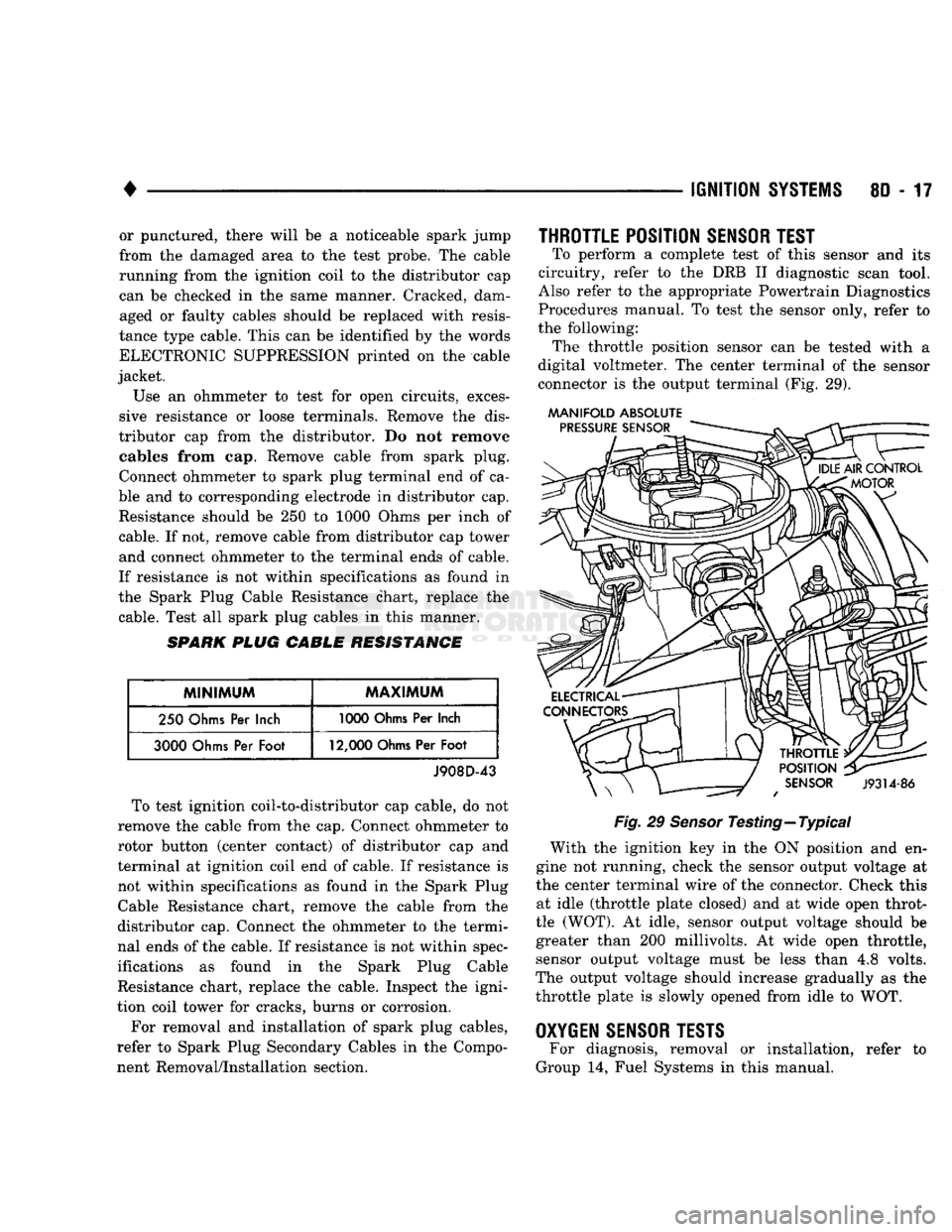 DODGE TRUCK 1993 Service Repair Manual
•
IGNITION SYSTEMS
80-17
or punctured, there will
be a
noticeable spark jump
from
the
damaged area
to the
test probe.
The
cable
running from
the
ignition coil
to the
distributor
DODGE TRUCK 1993 Service Repair Manual
•
IGNITION SYSTEMS
80-17
or punctured, there will
be a
noticeable spark jump
from
the
damaged area
to the
test probe.
The
cable
running from
the
ignition coil
to the
distributor