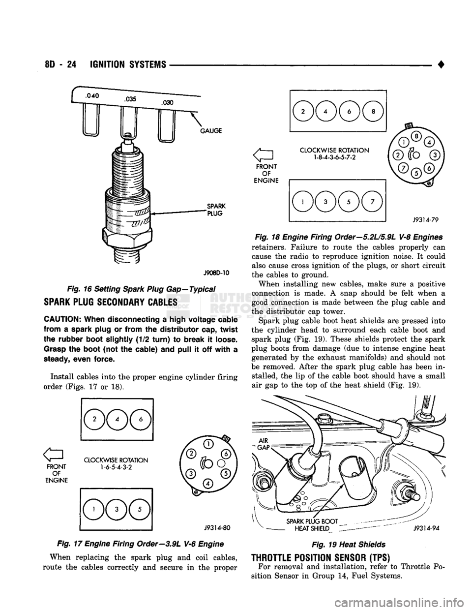 DODGE TRUCK 1993 Service Repair Manual
8D
- 24
IGNITION
SYSTEMS
•
.040
GAUGE
SPARK
"PLUG
J908D-10
Fig.
16 Setting
Spark Plug
Gap—Typical
SPARK
PLUG
SECONDARY
CABLES
CAUTION:
When disconnecting
a
high v DODGE TRUCK 1993 Service Repair Manual
8D
- 24
IGNITION
SYSTEMS
•
.040
GAUGE
SPARK
"PLUG
J908D-10
Fig.
16 Setting
Spark Plug
Gap—Typical
SPARK
PLUG
SECONDARY
CABLES
CAUTION:
When disconnecting
a
high v