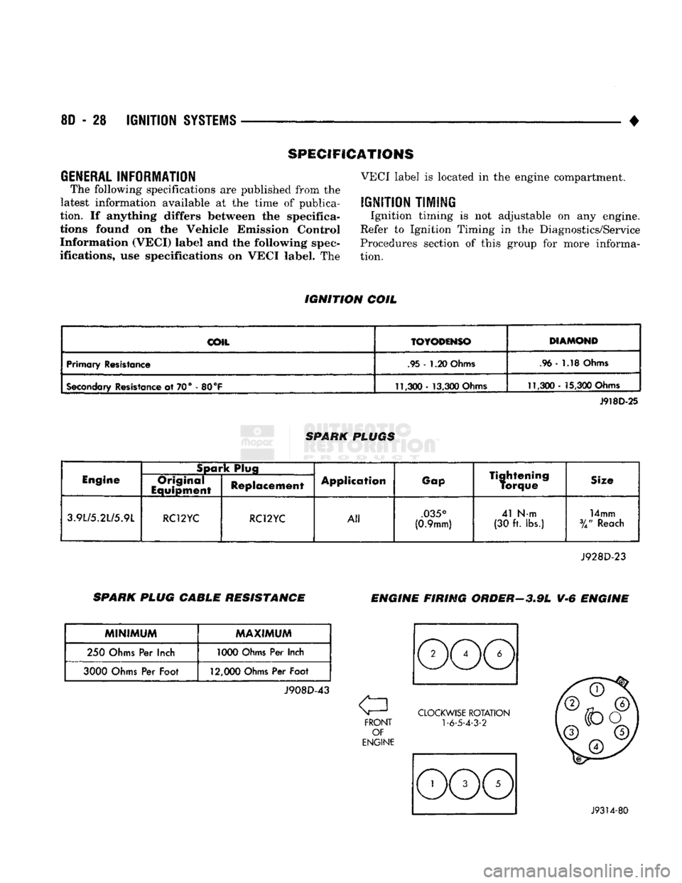 DODGE TRUCK 1993 Service Repair Manual
8D
- 28
IGNITION
SYSTEMS
•
GENERAL
INFORMATION
The following specifications
are
published from
the
latest information available
at the
time
of
publica
tion.
If
anything diffe DODGE TRUCK 1993 Service Repair Manual
8D
- 28
IGNITION
SYSTEMS
•
GENERAL
INFORMATION
The following specifications
are
published from
the
latest information available
at the
time
of
publica
tion.
If
anything diffe