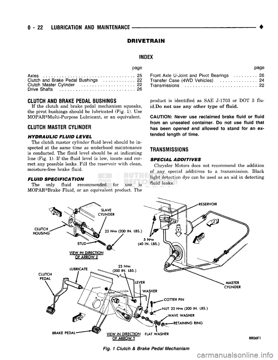 DODGE TRUCK 1993  Service Repair Manual 
0
 - 22
 LUBRICATION
 AND
 MAINTENANCE 

DRIVETRAIN 

INDEX 

page 

Axles
 25 
 Clutch
 and
 Brake Pedal
 Bushings
 ............ 22 

Clutch Master Cylinder
 22 

Drive Shafts
 26 
 page 

Front Axl