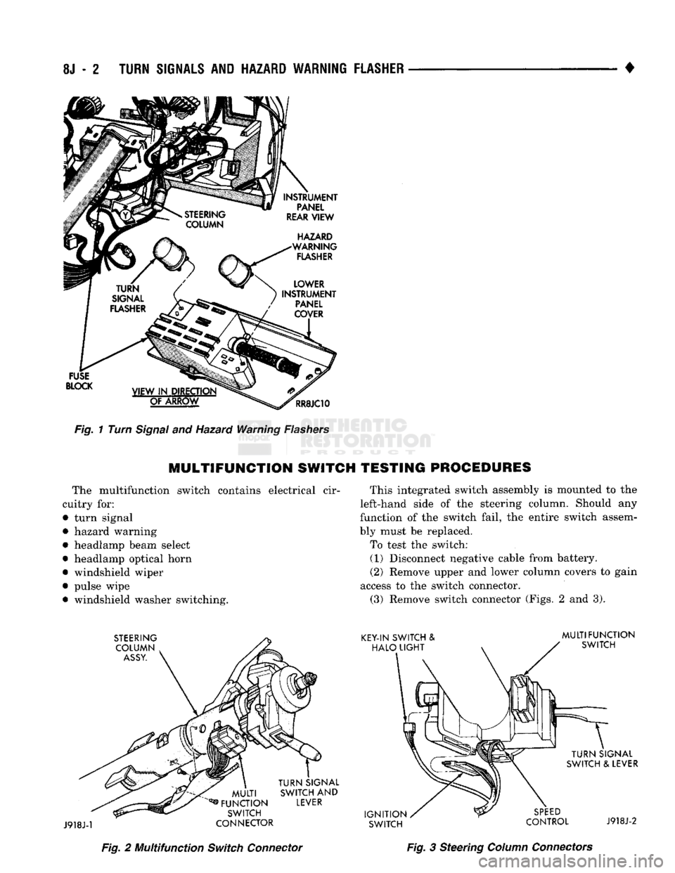 DODGE TRUCK 1993  Service Repair Manual 
8J
 - 2
 TURN SIGNALS AND HAZARD WARNING FLASHER 

• 

FUSE 

BLOCK 
 INSTRUMENT 

PANEL 

REAR
 VIEW 

HAZARD 

WARNING 
 FLASHER 

VIEW
 IN DIRECTION  OF
 ARROW 
 RR8JC10 

Fig.
 1 Turn
 Signal
 