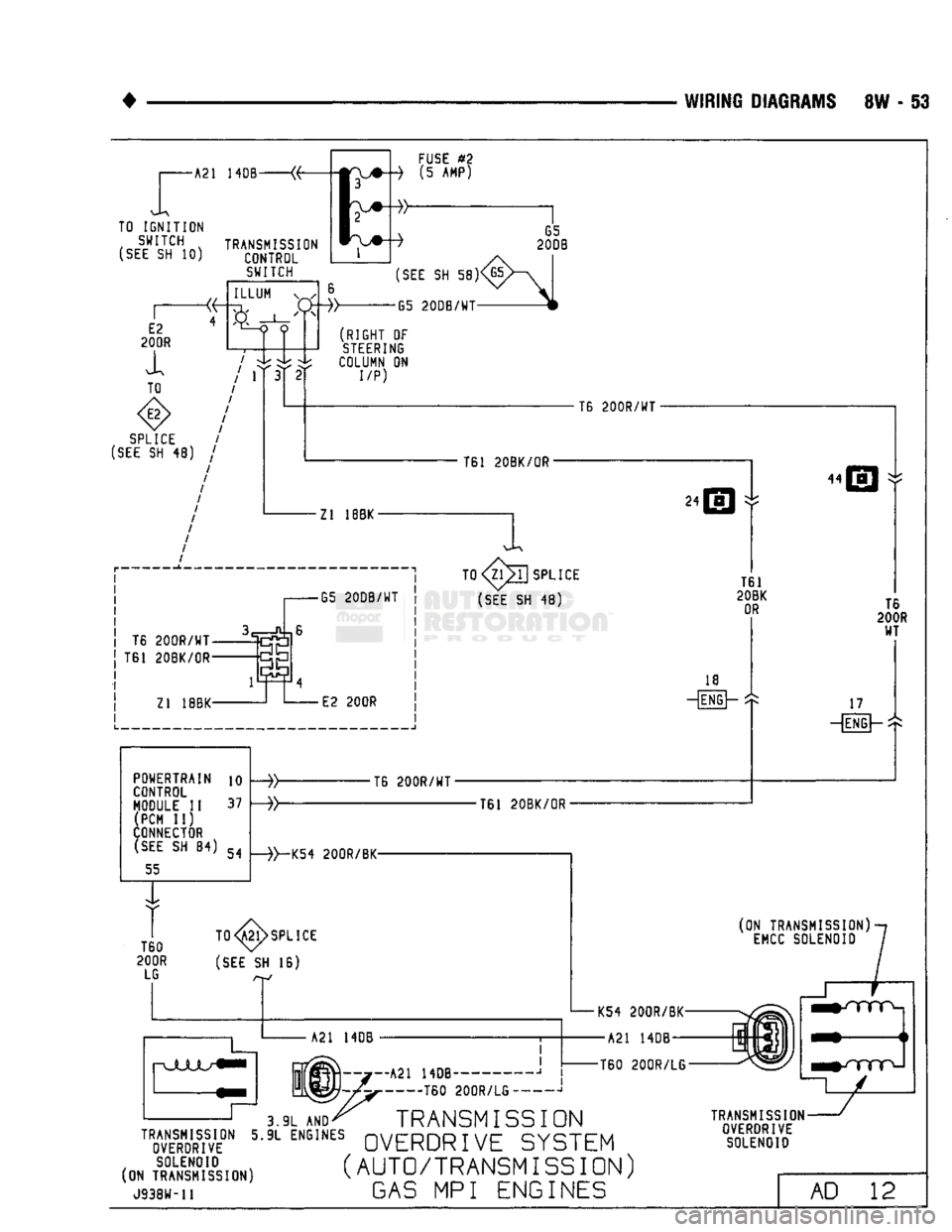 DODGE TRUCK 1993 Service Repair Manual
WIRING
DIAGRAMS
8W - 53
-A21
14DB «• TO IGNITION
SWITCH
TRANSMISSION
(SEE
SH 10) CONTROL
SWITCH
FUSE
#2
(5 AMP)
65
20DB
E2
200R
i
TO ILLUM w
—j—
/ r
/
/
S DODGE TRUCK 1993 Service Repair Manual
WIRING
DIAGRAMS
8W - 53
-A21
14DB «• TO IGNITION
SWITCH
TRANSMISSION
(SEE
SH 10) CONTROL
SWITCH
FUSE
#2
(5 AMP)
65
20DB
E2
200R
i
TO ILLUM w
—j—
/ r
/
/
S