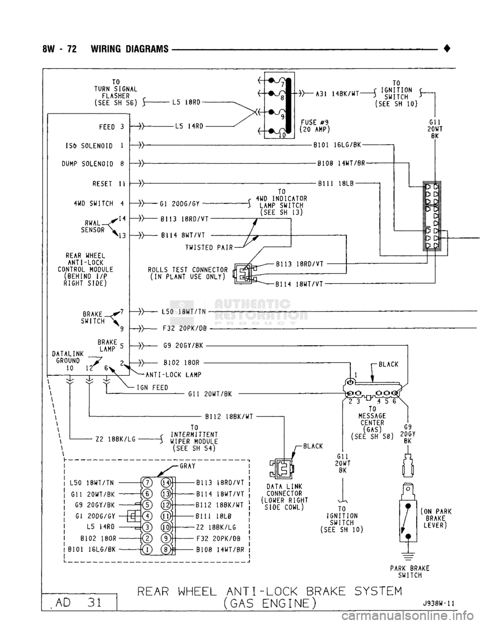 DODGE TRUCK 1993 Service Repair Manual
8W
- 72
WIRING DIAGRAMS
TO
TURN SIGNAL
FLASHER
r
(SEE
SH 56) Y
L5
18R0
FEED
3
ISO
SOLENOID
1
DUMP SOLENOID
8
RESET
11
4WD SWITCH
4
RWAL
SENSOR
»\3
REAR
WHEEL A DODGE TRUCK 1993 Service Repair Manual
8W
- 72
WIRING DIAGRAMS
TO
TURN SIGNAL
FLASHER
r
(SEE
SH 56) Y
L5
18R0
FEED
3
ISO
SOLENOID
1
DUMP SOLENOID
8
RESET
11
4WD SWITCH
4
RWAL
SENSOR
»\3
REAR
WHEEL A