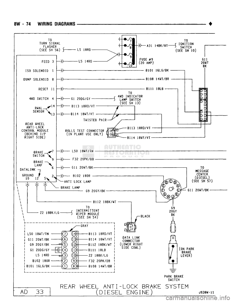 DODGE TRUCK 1993 Service Repair Manual
SW
- 74
WIRING DIAGRAMS
TO
TURN SIGNAL
FLASHER
f
(SEE
SH 56) y
L5
18R0
FEED
3
ISO
SOLENOID
1
DUMP
SOLENOID
8
RESET
11
4WD SWITCH
4
.14
43 RWAL
SENSOR
<
REAR
W DODGE TRUCK 1993 Service Repair Manual
SW
- 74
WIRING DIAGRAMS
TO
TURN SIGNAL
FLASHER
f
(SEE
SH 56) y
L5
18R0
FEED
3
ISO
SOLENOID
1
DUMP
SOLENOID
8
RESET
11
4WD SWITCH
4
.14
43 RWAL
SENSOR
<
REAR
W