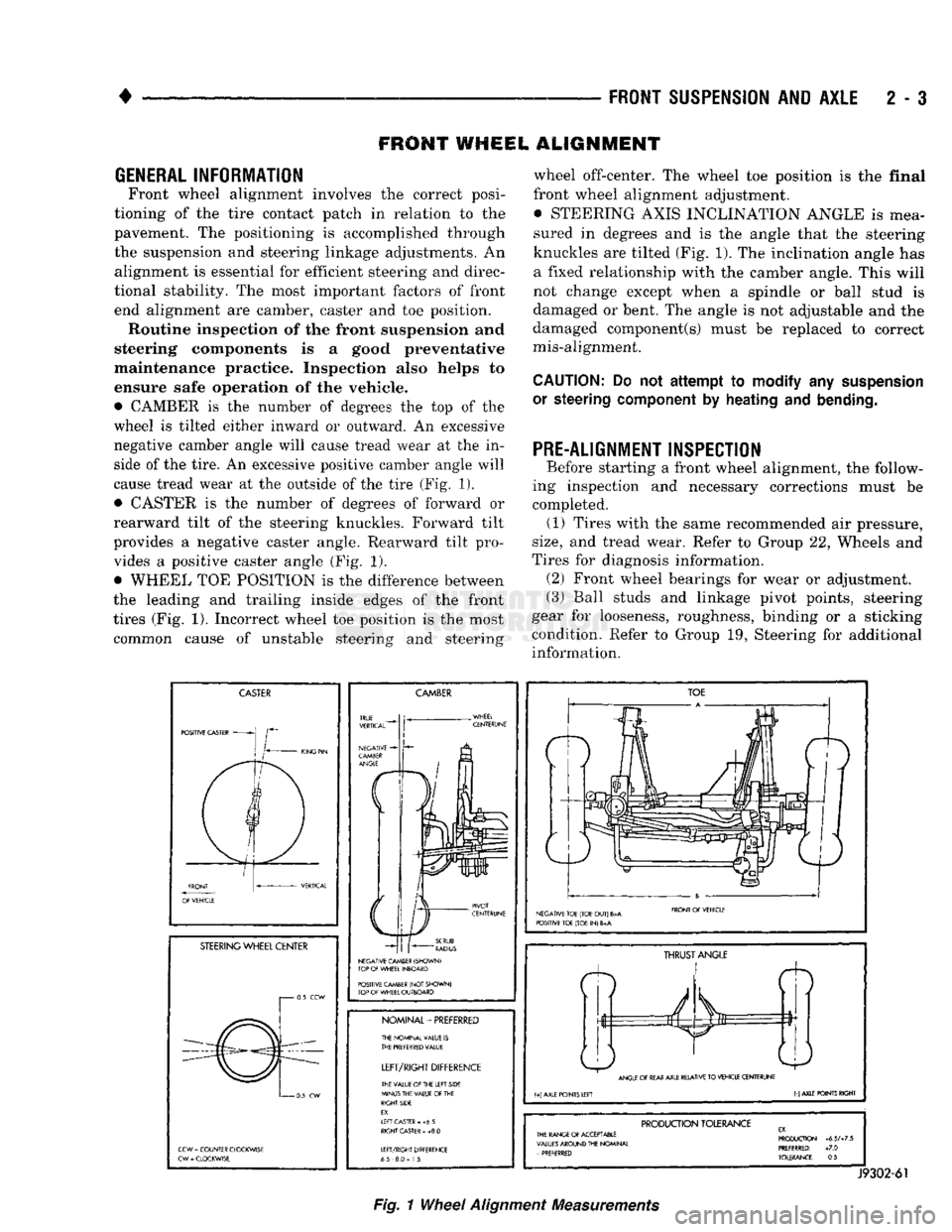 DODGE TRUCK 1993 Service Workshop Manual
FRONT SUSPENSION
AND
AXLE
2 - 3
FRONT
WHEEL
ALIGNMENT
GENERAL
INFORMATION
Front wheel alignment involves
the
correct posi
tioning
of the
tire contact patch
in
relation
to the
p DODGE TRUCK 1993 Service Workshop Manual
FRONT SUSPENSION
AND
AXLE
2 - 3
FRONT
WHEEL
ALIGNMENT
GENERAL
INFORMATION
Front wheel alignment involves
the
correct posi
tioning
of the
tire contact patch
in
relation
to the
p