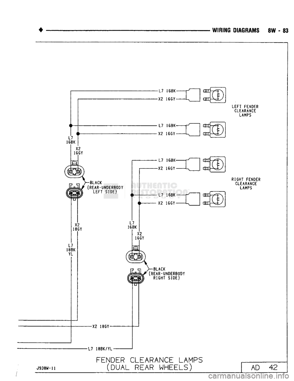 DODGE TRUCK 1993  Service Repair Manual 
• 
WIRING DIAGRAMS 8W - 83 

J938W-H 
 X2 
16GY 
X2 
18GY  BLACK 
(REAR-UNDERBOOY 
 LEFT
 SIDE)  -X2 18GY-
•L7
 18BK/YL• 
 -L7 16BK-
•X2 16GY-
an 
an: 
•L7 16BK- X2 16GY-
L7 16BK-
-X2 16GY-