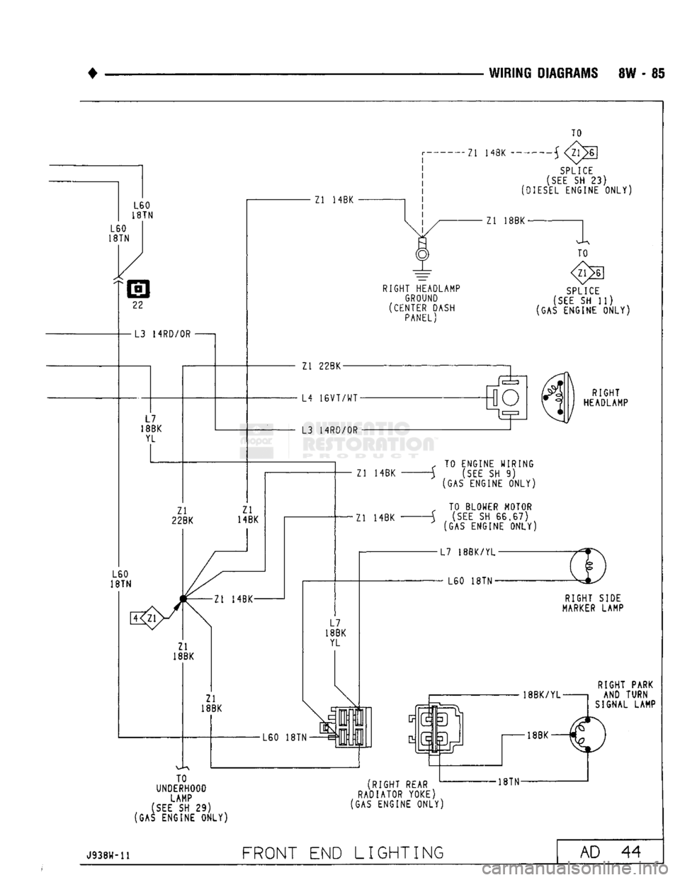 DODGE TRUCK 1993  Service Repair Manual 
• 

WIRING
 DIAGRAMS
 8W - 85 L60 
18TN 
L60 
18TN 
22 
-L3 14RD/0R 
L7 
18BK  YL  Zl 

22BK 

L60 
18TN  Zl 14BK  Zl 14BK 
TO 

SPLICE 

(SEE
 SH 23) 

(DIESEL
 ENGINE
 ONLY) 
 Zl 18BK-
TO 

RIGHT