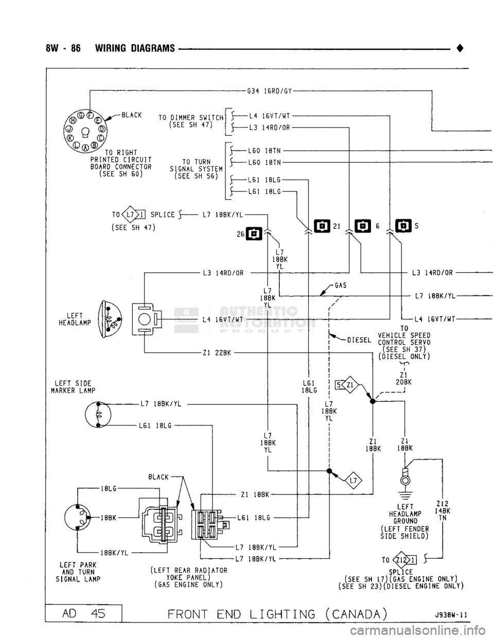 DODGE TRUCK 1993  Service Repair Manual 
8W - 86 WIRING DIAGRAMS 
-G34 16RD/GY-
•BLACK 
Q> 
V©  Q 
<n> 
TO RIGHT 

PRINTED
 CIRCUIT 

BOARD
 CONNECTOR 
 (SEE
 SH 60)  TO DIMMER SWITCH 

(SEE
 SH 47) 
TO TURN 
SIGNAL SYSTEM 
 (SEE
 SH 56)