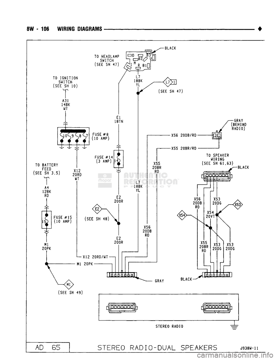 DODGE TRUCK 1993  Service Repair Manual 
8W - 106 WIRING DIAGRAMS 
• 
(SEE SH 49)  STEREO RADIO 
AD 65  STEREO RADIO-DUAL SPEAKERS
 Jaasw-  