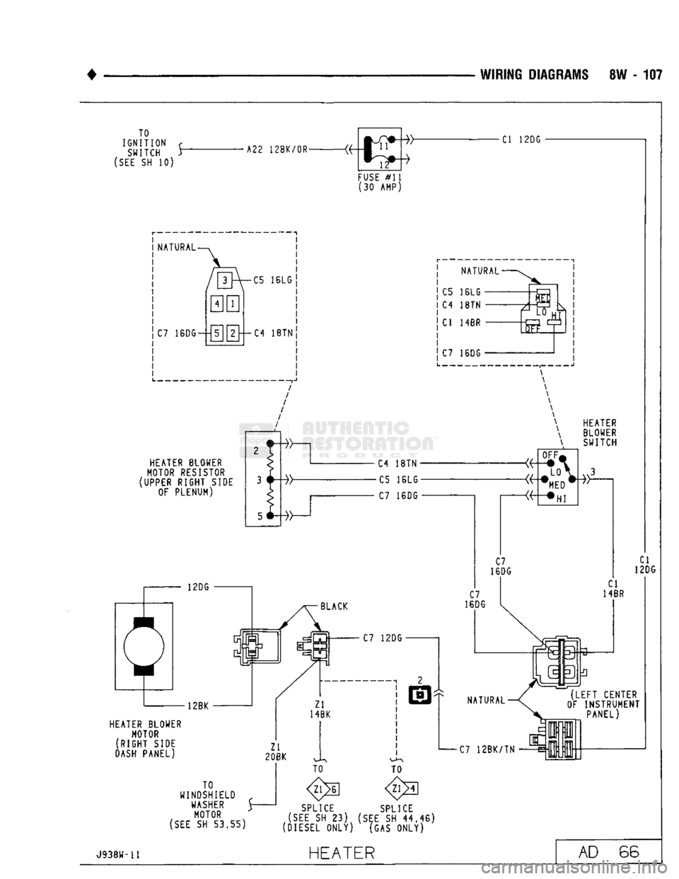 DODGE TRUCK 1993  Service Repair Manual 
• 
WIRING DIAGRAMS
 8W - 107 
TO 

IGNITION
 c 
 SWITCH
 Y 

(SEE
 SH 10) 
 A22
 12BK/0R 
 CI
 12DG 

FUSE
 #11 
(30 AMP) 

HEATER BLOWER  MOTOR 

(RIGHT
 SIDE 
DASH PANEL) 
TO 
WINDSHIELD
 „ 
 W