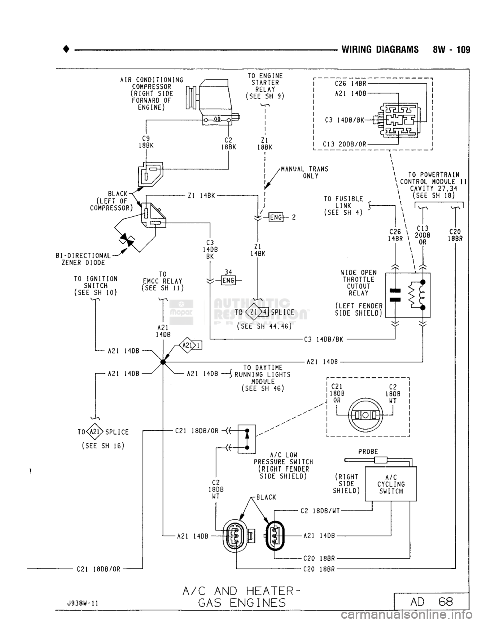 DODGE TRUCK 1993  Service Repair Manual 
• 
WIRING DIAGRAMS 8W - 109 AIR CONDITIONING 

COMPRESSOR 

(RIGHT SIDE  FORWARD OF  ENGINE) 
C9 
18BK  C2 
18BK  TO ENGINE 

STARTER 
RELAY 

(SEE
 SH 9) 
I 
I  I 
! 
Zl 
18BK  C26 14BR-
A21 14DB-
