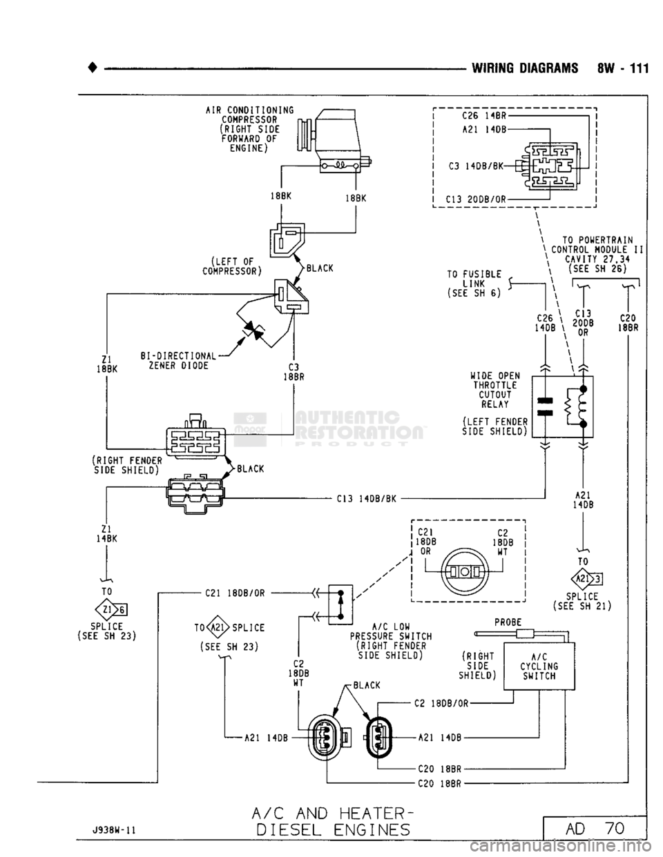 DODGE TRUCK 1993  Service Repair Manual 
WIRING
 DIAGRAMS
 8W
 -
 111 

AIR CONDITIONING 

COMPRESSOR 

(RIGHT
 SIDE 
 FORWARD
 OF 
 ENGINE) 
 i 
 C26
 14BR-

A21
 14DB-
C3
 i4DB/BK-ffi£^]QLJ 
 I86K 

18BK 

(LEFT
 OF 

COMPRESSOR) 
 Zl 

