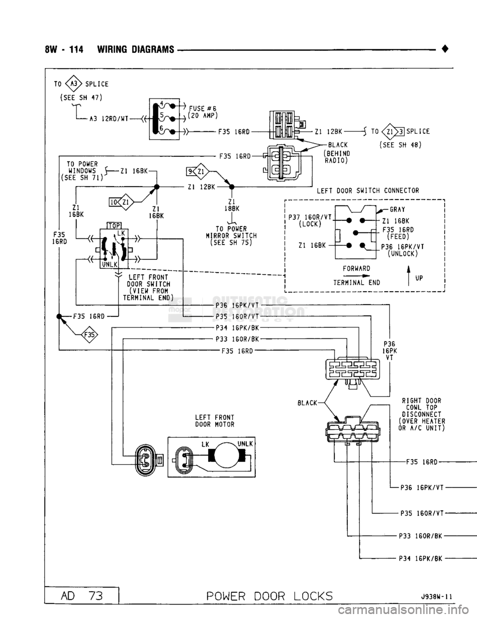 DODGE TRUCK 1993  Service Repair Manual 
8W - 114 WIRING
 DIAGRAMS 

TO 
<g> 

SPLICE 

(SEE
 SH 47)  A3
 12RD/WT 

FUSE
 #6 
(20 AMP) 
F35 16RD  3 Zl 12BK-TO POWER „ 
WINDOWS 5 Zl 16BK—. 

(SEE
 SH 71) 
Zl 
16BK  10<Z1 
F35 
16RD  Zl 
