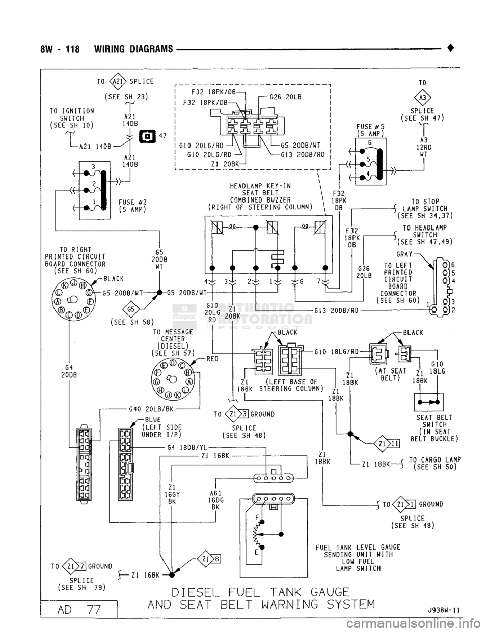 DODGE TRUCK 1993  Service Repair Manual 
8W
 -
 118 WIRING DIAGRAMS 
• 

SPLICE 

TO IGNITION  SWITCH 

(SEE
 SH 10 
 F32 18PK/DB 
F32 18PK/DB  G26 20LB 
 IcQa
 c£h cO, 

p
 • • n i 

^
 cj^a cQa
 cBn 

G10 20LG/RD 
G10 20LG/RD 
 Zl
