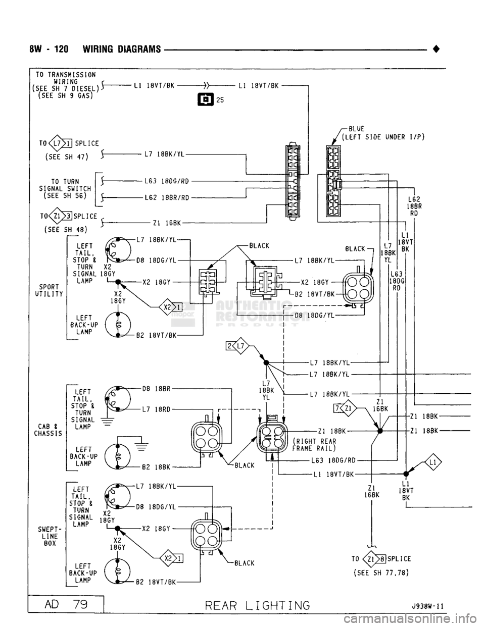 DODGE TRUCK 1993  Service Repair Manual 
8W - 120 WIRING
 DIAGRAMS 

TO TRANSMISSION 
WIRING r 

(SEE
 SH 7 DIESEL)J 
 (SEE
 SH 9 GAS) 
 TO<L7^T]
 SPLICE 

(SEE
 SH 47) S 
TO TURN 
SIGNAL SWITCH 
 (SEE
 SH 56) 

T0<Z1>3
 [SPLICE 
 (SEE
 SH 