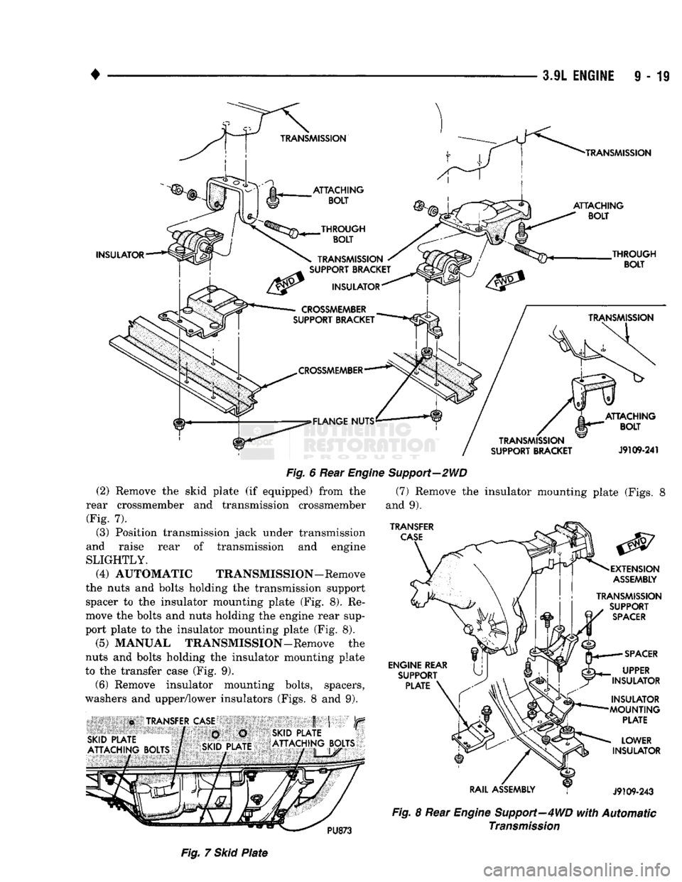 DODGE TRUCK 1993  Service Repair Manual 
3.9L
 ENGINE
 9 - 19 

INSULATOR 
 TRANSMISSION 

ATTACHING 
BOLT 
 TRANSMISSION 

THROUGH 
 BOLT 

TRANSMISSION 

SUPPORT
 BRACKET 

INSULATOR 
CROSSMEMBER 

SUPPORT BRACKET 

CROSSMEMBER 

FLANGE N