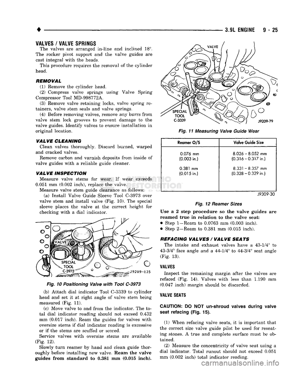 DODGE TRUCK 1993  Service Repair Manual • 

3.9L
 ENGINE
 9 - 25 
VALVES
 /
 VALVE
 SPRINGS 

The valves are arranged in-line and inclined 18°. 
The rocker pivot support and the valve guides are  cast integral with the heads.  This proce