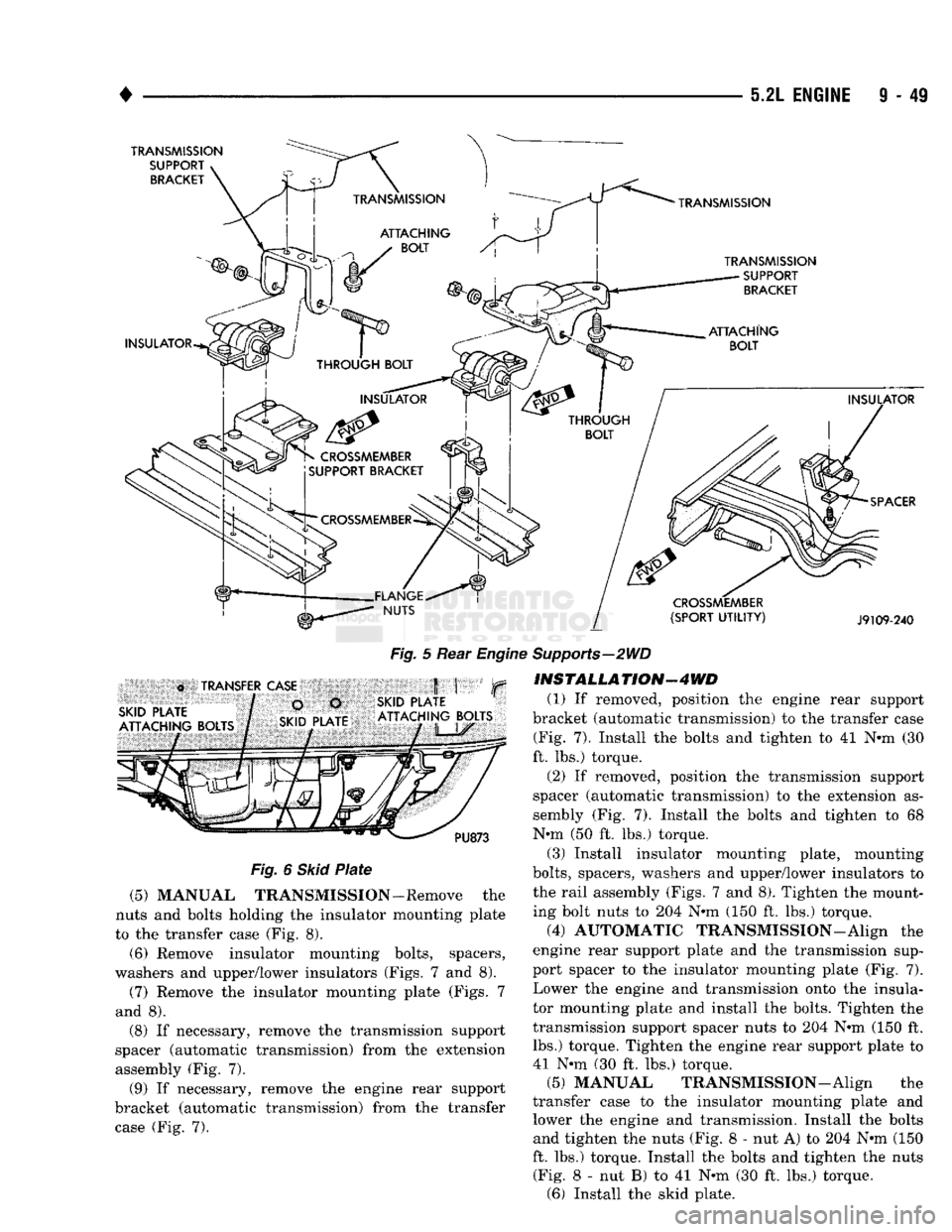 DODGE TRUCK 1993 Service Repair Manual
•
5.21 ENGINE 9 - 49
TRANSMISSION
SUPPORT
BRACKET
TRANSMISSION
TRANSMISSION SUPPORT BRACKET
INSULATOR
CROSSMEMBER
(SPORT
UTILITY)
J9109-240
l^^^U.TRANSFERJCASE
.
SKIDRATlf
~— DODGE TRUCK 1993 Service Repair Manual
•
5.21 ENGINE 9 - 49
TRANSMISSION
SUPPORT
BRACKET
TRANSMISSION
TRANSMISSION SUPPORT BRACKET
INSULATOR
CROSSMEMBER
(SPORT
UTILITY)
J9109-240
l^^^U.TRANSFERJCASE
.
SKIDRATlf
~—