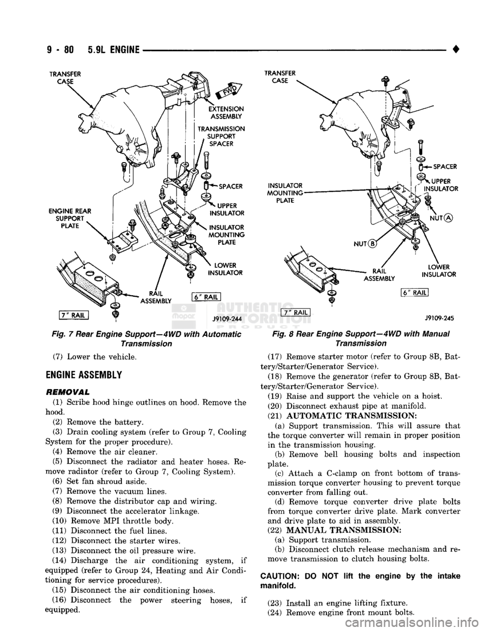 DODGE TRUCK 1993 Service Repair Manual
9
- 80 5.9L
ENGINE
•
TRANSFER
CASE
TRANSFER
CASE
ENGINE REAR
SUPPORT
PLATE
INSULATOR
MOUNTING
PLATE
LOWER
INSULATOR
\7"
RAIL
1
J9109-244
Fig.
7 Rear
Engine
DODGE TRUCK 1993 Service Repair Manual
9
- 80 5.9L
ENGINE
•
TRANSFER
CASE
TRANSFER
CASE
ENGINE REAR
SUPPORT
PLATE
INSULATOR
MOUNTING
PLATE
LOWER
INSULATOR
\7"
RAIL
1
J9109-244
Fig.
7 Rear
Engine