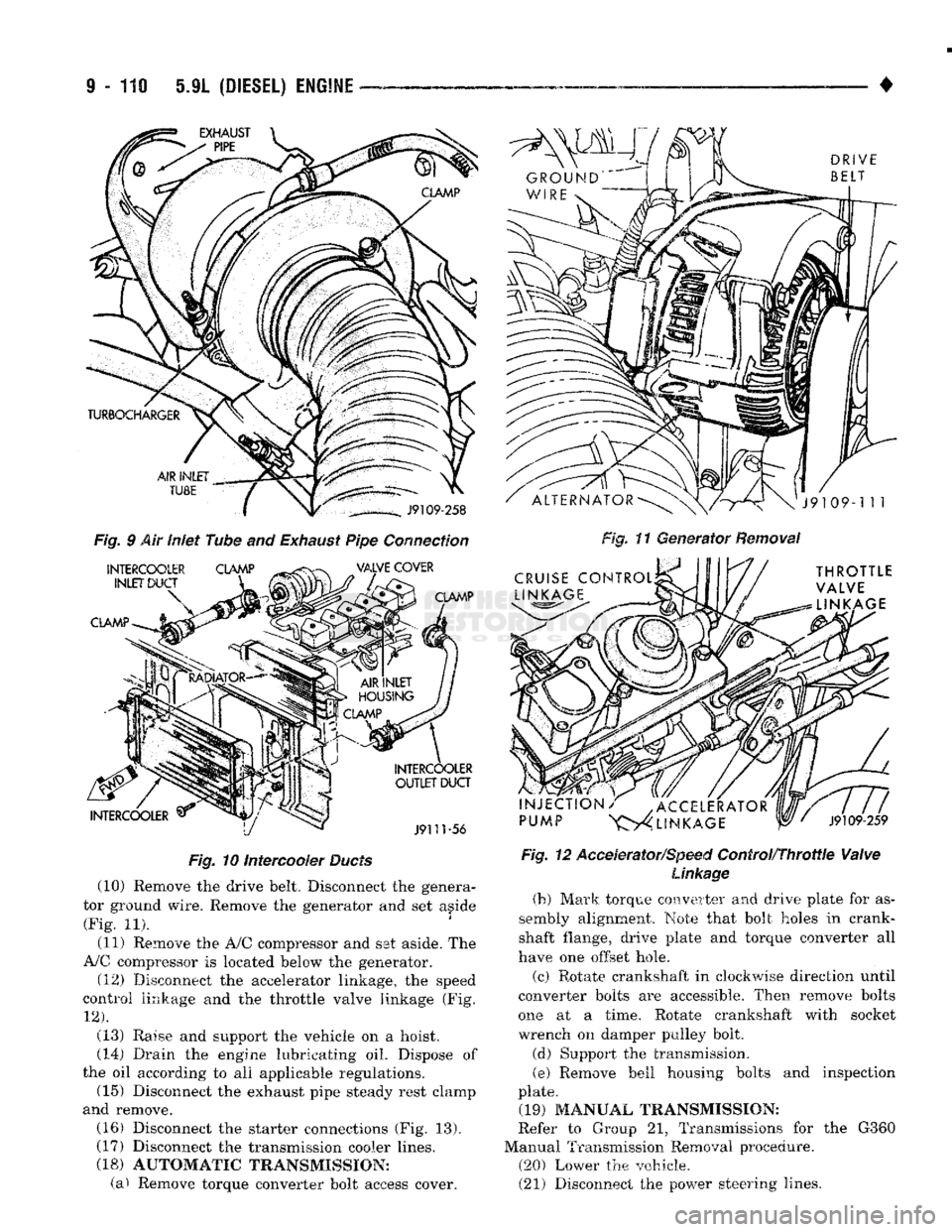 DODGE TRUCK 1993 Service Repair Manual
9
- 119 5.9L
(DIESEL) ENGINE
Fig.
10 intercooler
Ducts
(10) Remove the drive belt. Disconnect the genera
tor ground wire. Remove the generator and set aside (Fig. 11).
(11) Remove the A/0 c DODGE TRUCK 1993 Service Repair Manual
9
- 119 5.9L
(DIESEL) ENGINE
Fig.
10 intercooler
Ducts
(10) Remove the drive belt. Disconnect the genera
tor ground wire. Remove the generator and set aside (Fig. 11).
(11) Remove the A/0 c