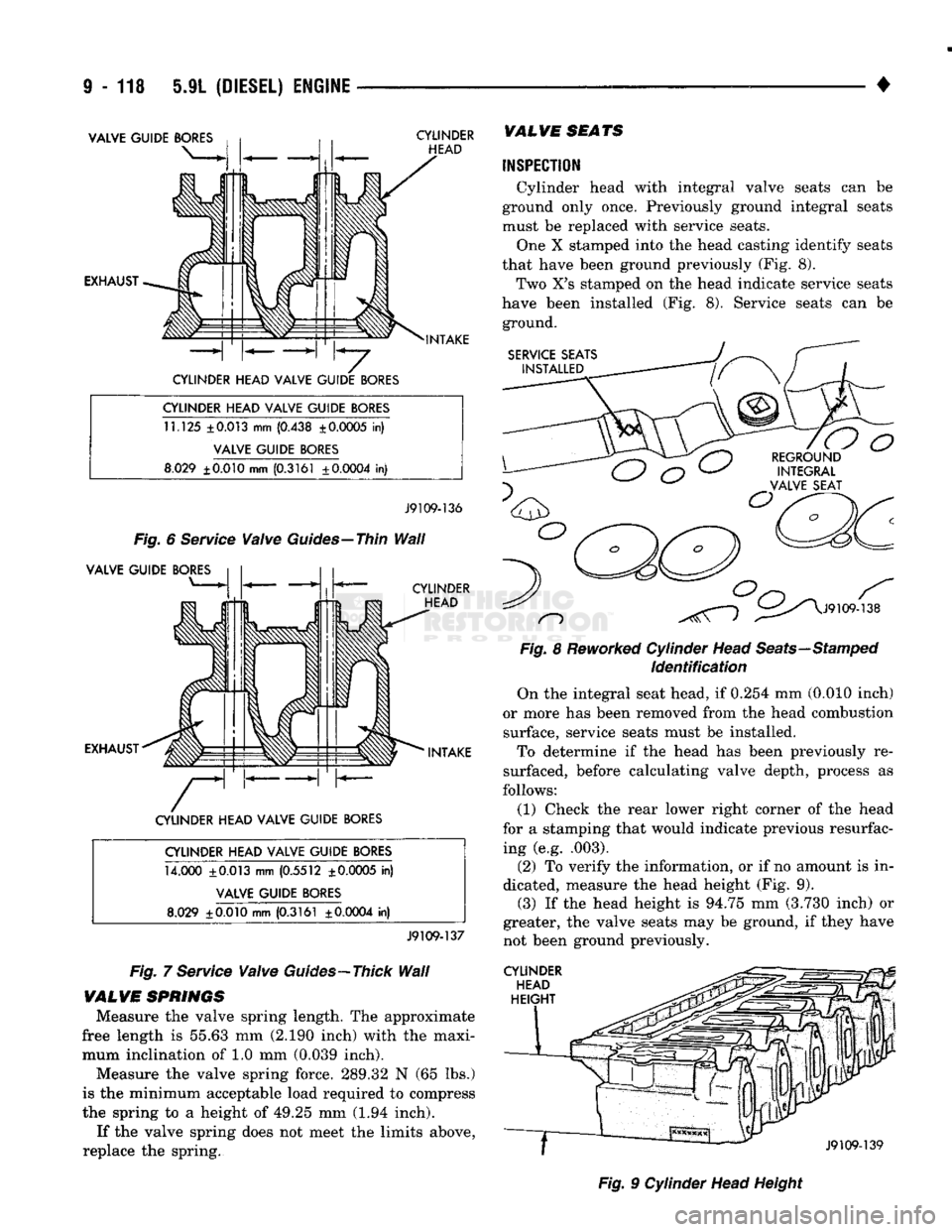 DODGE TRUCK 1993 Service Repair Manual
i - 118 5.9L
(DIESEL) ENGINE
VALVE GUIDE
BORES
EXHAUST CYLINDER
HEAD
INTAKE
CYLINDER HEAD VALVE GUIDE
BORES
CYLINDER HEAD VALVE GUIDE
BORES
11.125
±0.013 mm (0.438 ± 0.0005 in)
V DODGE TRUCK 1993 Service Repair Manual
i - 118 5.9L
(DIESEL) ENGINE
VALVE GUIDE
BORES
EXHAUST CYLINDER
HEAD
INTAKE
CYLINDER HEAD VALVE GUIDE
BORES
CYLINDER HEAD VALVE GUIDE
BORES
11.125
±0.013 mm (0.438 ± 0.0005 in)
V