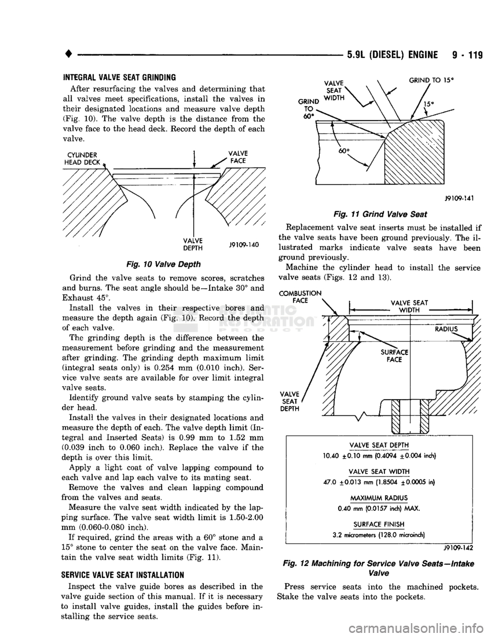 DODGE TRUCK 1993 Service Repair Manual
•
5.9L (DIESEL) ENGINE
9 - 119
INTEGRAL VALWE SEAT GRINDING
After resurfacing the valves and determining that
all valves meet specifications, install the valves in
their designated location DODGE TRUCK 1993 Service Repair Manual
•
5.9L (DIESEL) ENGINE
9 - 119
INTEGRAL VALWE SEAT GRINDING
After resurfacing the valves and determining that
all valves meet specifications, install the valves in
their designated location