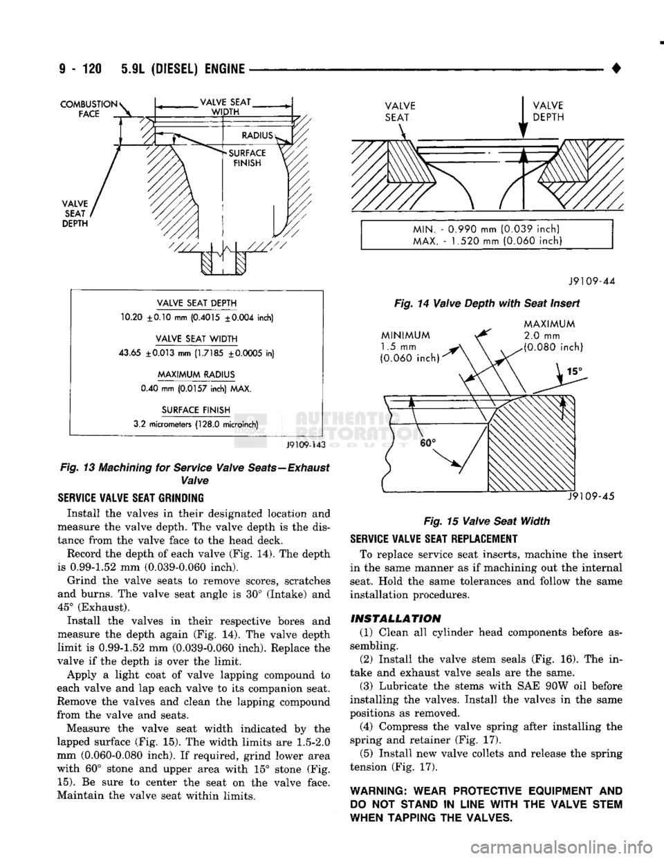 DODGE TRUCK 1993 Service Repair Manual
9
- 120 5.9L
(DIESEL)
ENGINE
•
COMBUSTION
FACE
VALVE
SEAT
DEPTH
'///
A
I
V
1
VALVE
SEAT
DEPTH
10.20 ±0.10 mm
(0.4015
±0.004
inch)
VALVE
SEAT
WIDTH
43.65
DODGE TRUCK 1993 Service Repair Manual
9
- 120 5.9L
(DIESEL)
ENGINE
•
COMBUSTION
FACE
VALVE
SEAT
DEPTH
'///
A
I
V
1
VALVE
SEAT
DEPTH
10.20 ±0.10 mm
(0.4015
±0.004
inch)
VALVE
SEAT
WIDTH
43.65