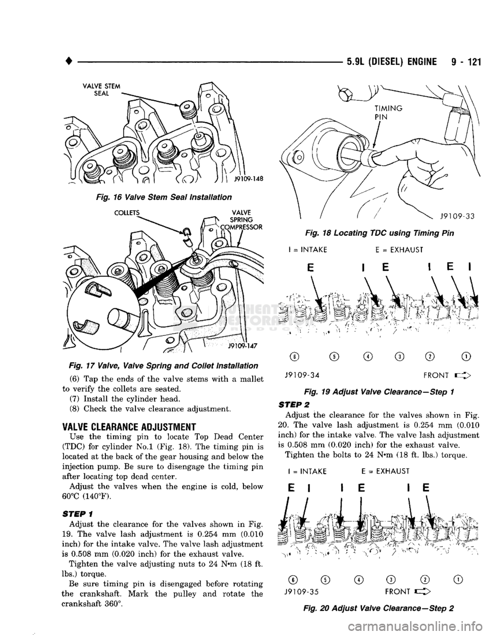 DODGE TRUCK 1993 Service Repair Manual
•
Fig.
17
Valve,
Valve
Spring
and Collet
Installation
(6) Tap the ends of the valve stems with a mallet
to verify the collets are seated. (7) Install the cylinder head.
(8) Check the v DODGE TRUCK 1993 Service Repair Manual
•
Fig.
17
Valve,
Valve
Spring
and Collet
Installation
(6) Tap the ends of the valve stems with a mallet
to verify the collets are seated. (7) Install the cylinder head.
(8) Check the v