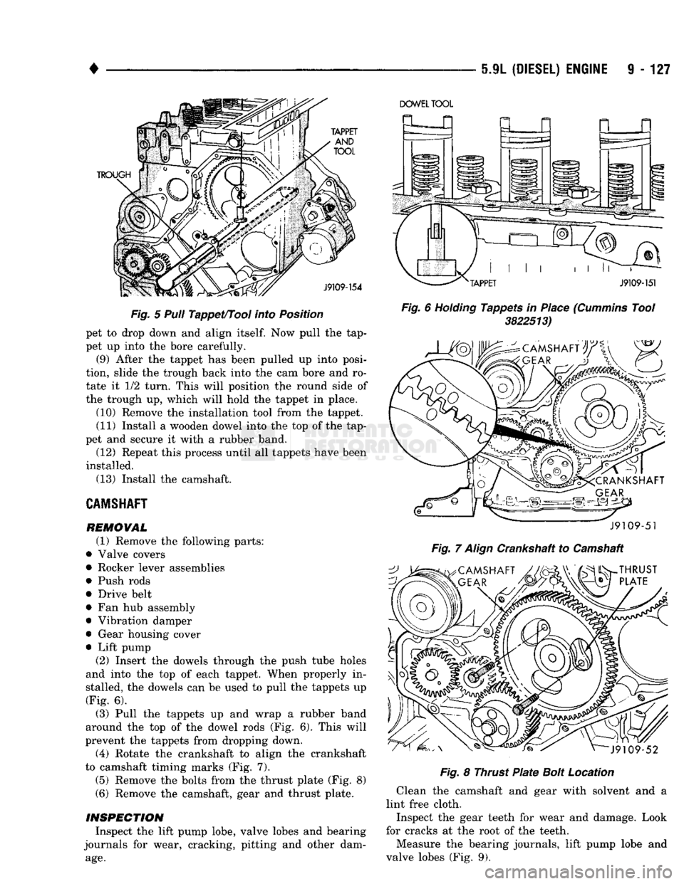 DODGE TRUCK 1993  Service Repair Manual 
• 
5.9L
 (DIESEL) ENGINE
 9 - 127 

Fig.
 5 Pull
 Tappet/Tool
 into
 Position  pet to drop down and align
 itself.
 Now pull the tap­
pet up into the bore carefully.  (9) After the tappet has been