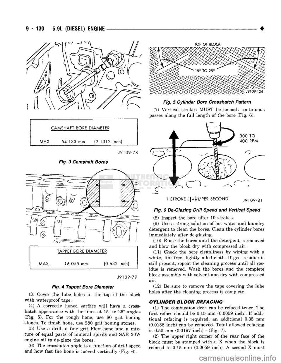 DODGE TRUCK 1993  Service Repair Manual 
9
 - 130 5.9L
 (DIESEL) ENGINE 

• CAMSHAFT BORE DIAMETER 
MAX.
 54.133
 mm
 (2.1312
 inch) 
 J9109-78 

Fig.
 3 Camshaft
 Bores 

BORE DIAMETER 
MAX. 16.055 mm (0.632 inch) 
J9109-79 

Fig.
 4
 Ta