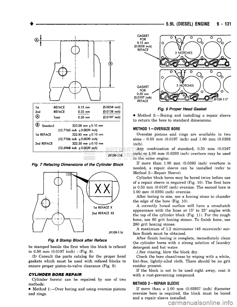 DODGE TRUCK 1993  Service Repair Manual 
• 
5.9L (DIESEL) ENGINE
 9 - 131 

1st  REFACE 
 0.15 mm 

(0.0058 
inch) 

2nd  REFACE 
 0.35 mm 
 (0.0138 

inch) 

® 
 Total 
0.50
 mm 
 (0.0197 

inch) 

®
 Standard 
 323.00
 mm ±0.10 mn i 
