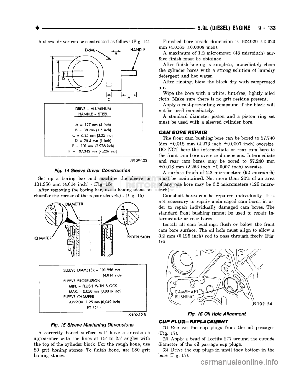 DODGE TRUCK 1993  Service Repair Manual 
• 

5
 9L
 (DIESEL) ENGINE
 9 - 133 
A sleeve driver can be constructed as follows (Fig. 14). 

DRIVE
 -
 ALUMINUM 
HANDLE
 -
 STEEL  A
 = 127 mm (5 inch) 

B
 = 38 mm (1.5 inch) 

C
 = 6.35 mm (0.